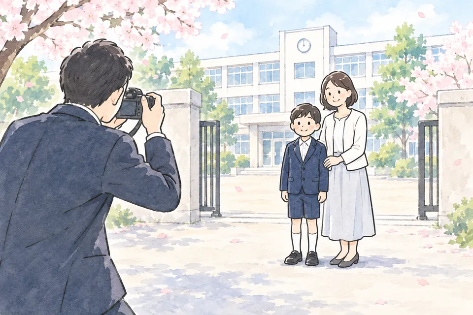 学校の門の前で、正装した子どもと家族が記念写真を撮る説明用イラスト