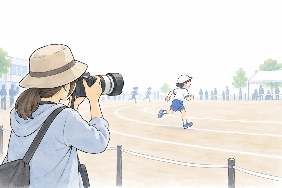 観覧場所の保護者が、校庭を走る子どもを撮る説明用イラスト