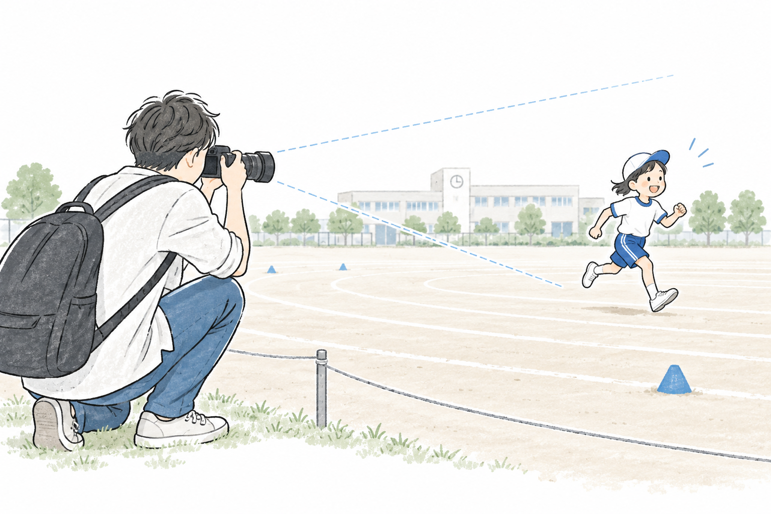 観覧席の保護者が、離れた校庭を走る子どもにカメラを向けている説明用イラスト